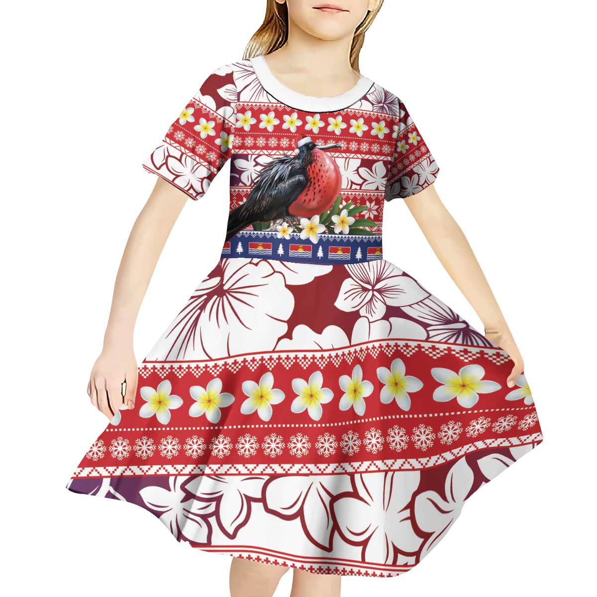 Kiribati Christmas Kid Short Sleeve Dress Frigatebird Santa Tekeraoi n te Kiritimati - Polynesian Pride