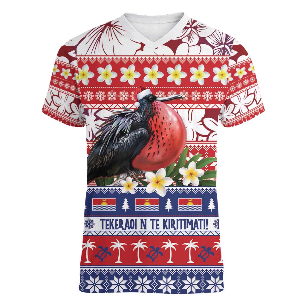 Kiribati Christmas Women V-Neck T-Shirt Frigatebird Santa Tekeraoi n te Kiritimati - Polynesian Pride