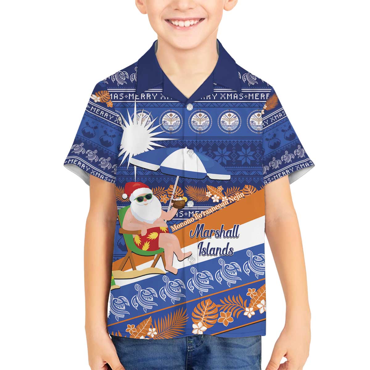 Marshall Islands Christmas Family Matching Off The Shoulder Long Sleeve Dress and Hawaiian Shirt Beachy Santa Monono ilo raaneoan Nejin - Polynesian Pride