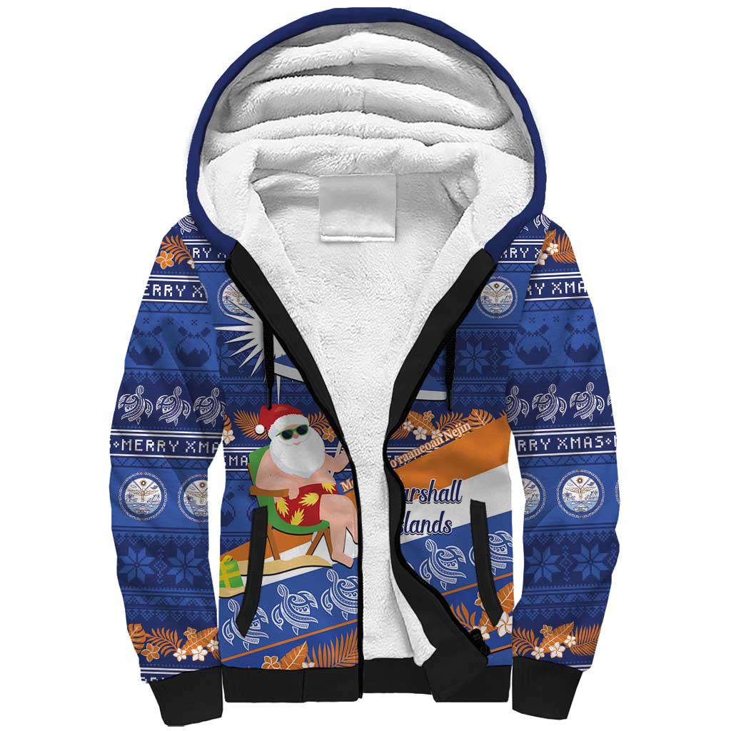 Marshall Islands Christmas Sherpa Hoodie Beachy Santa Monono ilo raaneoan Nejin LT14 Unisex Blue - Polynesian Pride