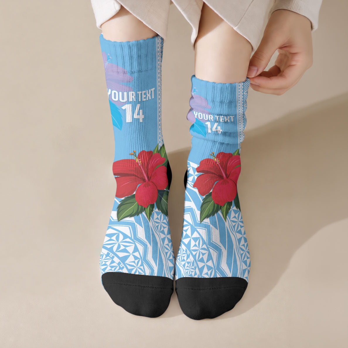 Suva Fiji 2026 Rugby Custom Crew Socks Hibiscus Fijian Tapa Pattern LT14 Crew Socks Blue - Polynesian Pride