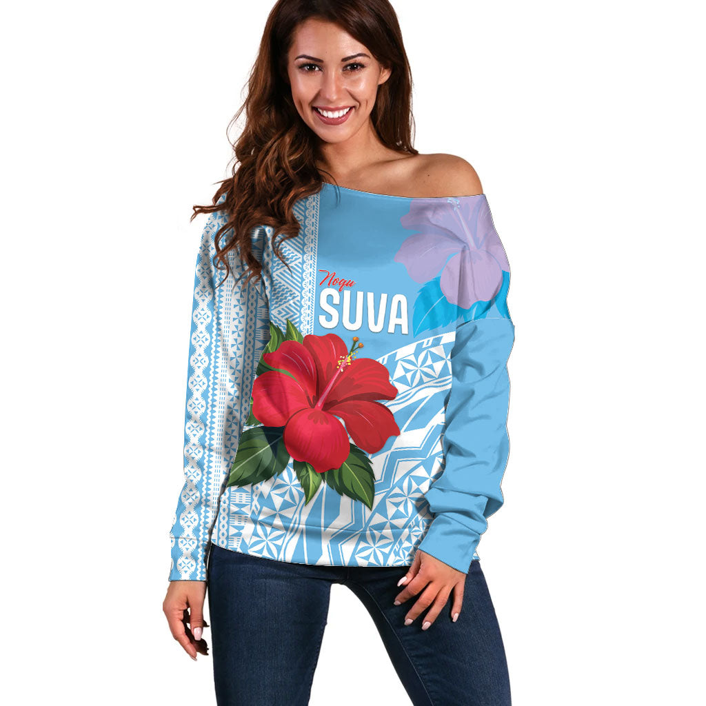 Suva Fiji 2026 Rugby Custom Off Shoulder Sweater Hibiscus Fijian Tapa Pattern