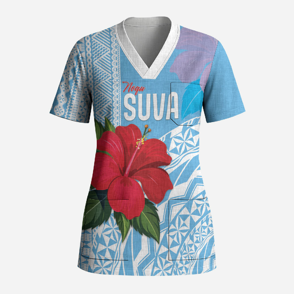 Suva Fiji 2026 Rugby Custom Scrub Top Hibiscus Fijian Tapa Pattern
