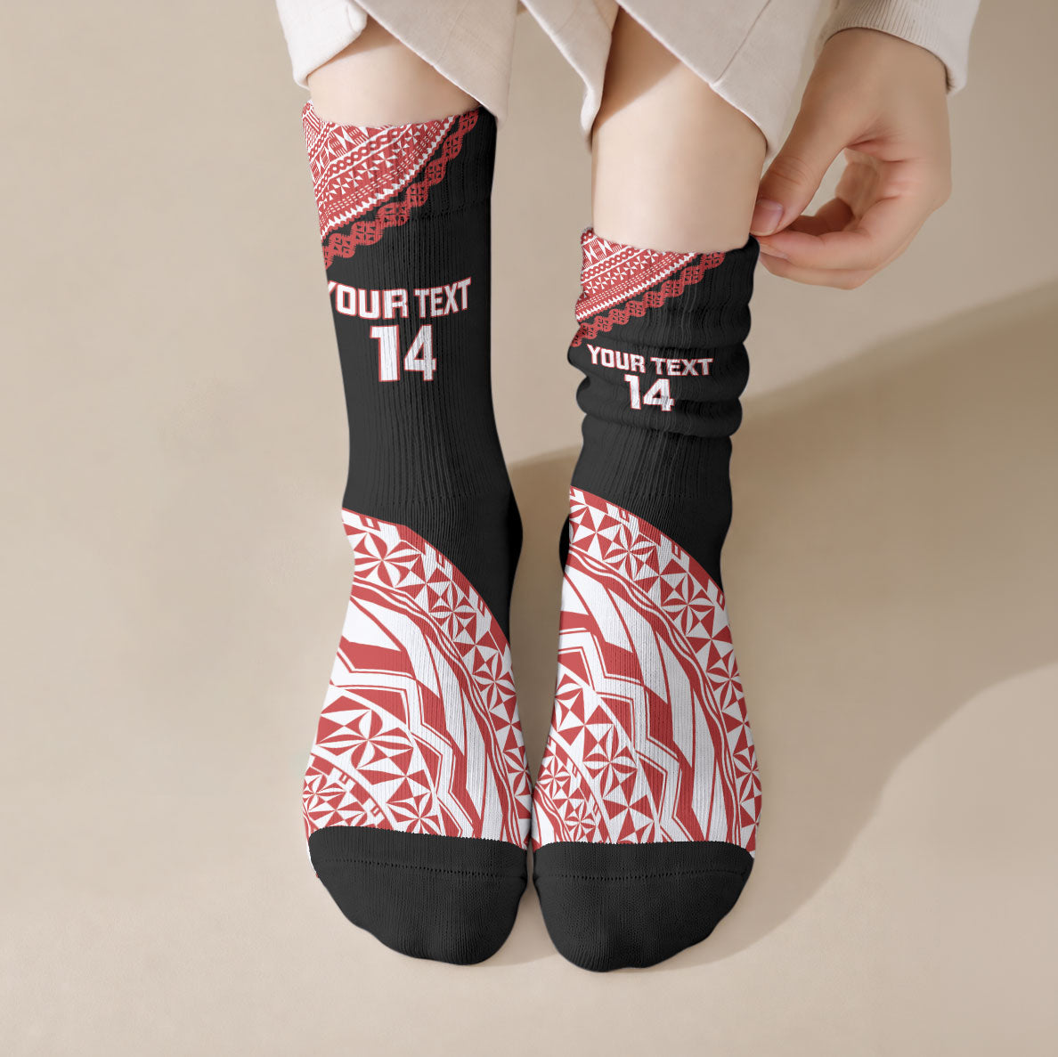 Rewa Fiji 2026 Rugby Custom Crew Socks Ura Prawn Fijian Tapa Pattern LT14 Crew Socks Red - Polynesian Pride