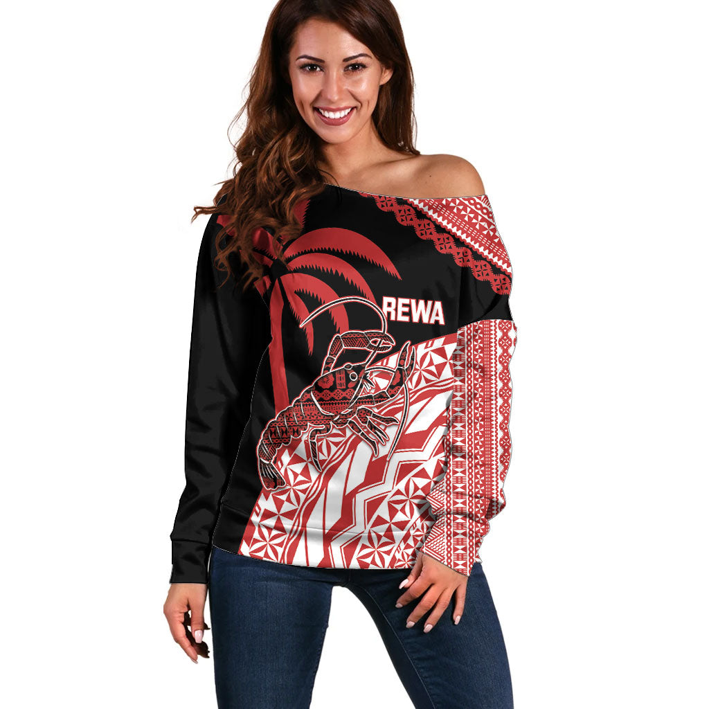 Rewa Fiji 2026 Rugby Custom Off Shoulder Sweater Ura Prawn Fijian Tapa Pattern