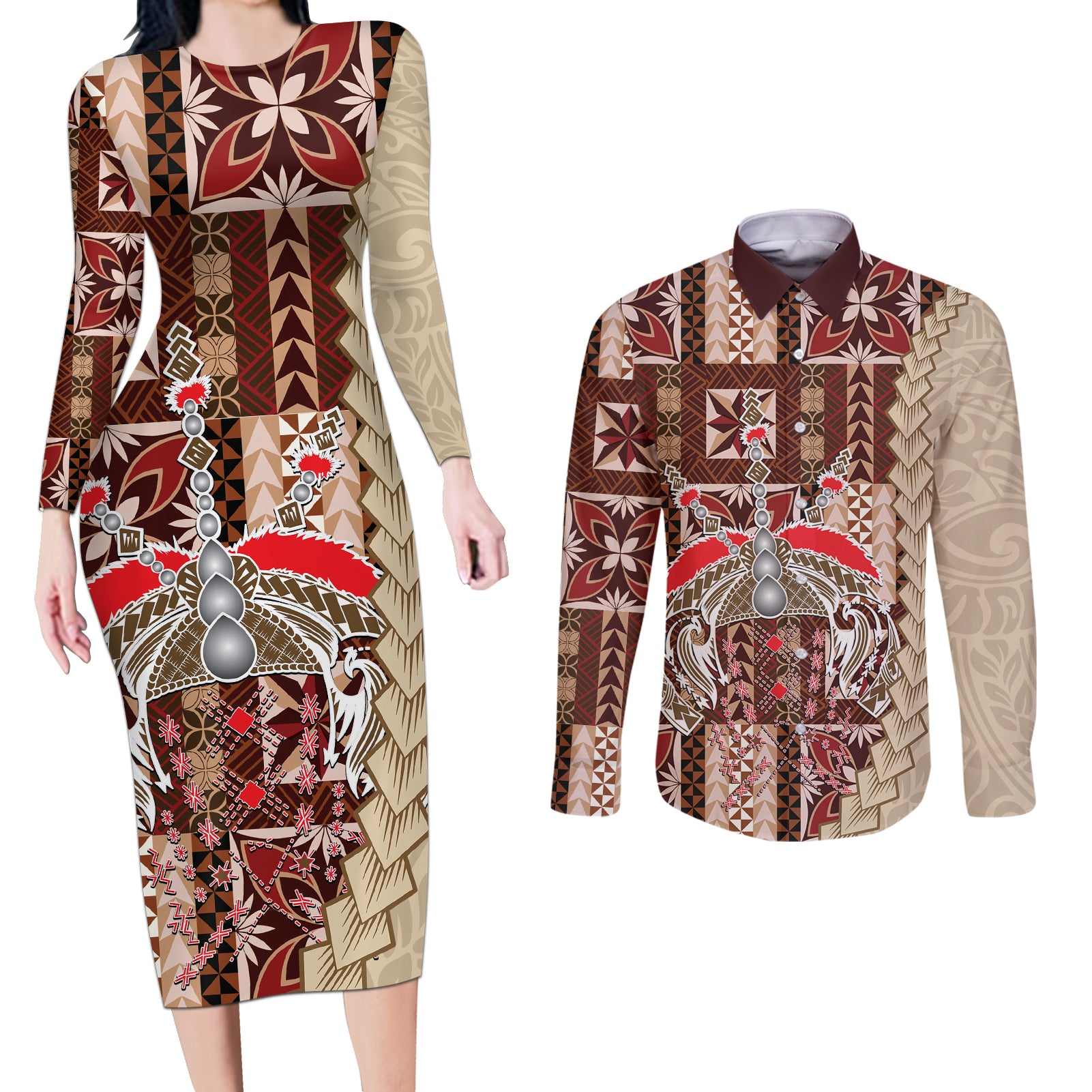 Samoa Tapau Couples Matching Long Sleeve Bodycon Dress and Long Sleeve Button Shirt Samoan Siapo Pattern LT14 Brown - Polynesian Pride