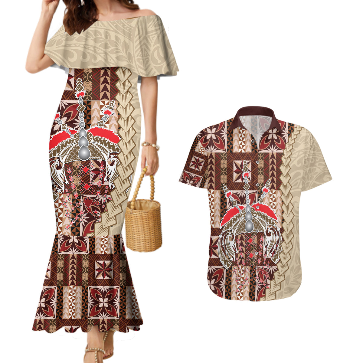 Samoa Tapau Couples Matching Mermaid Dress and Hawaiian Shirt Samoan Siapo Pattern LT14 Brown - Polynesian Pride