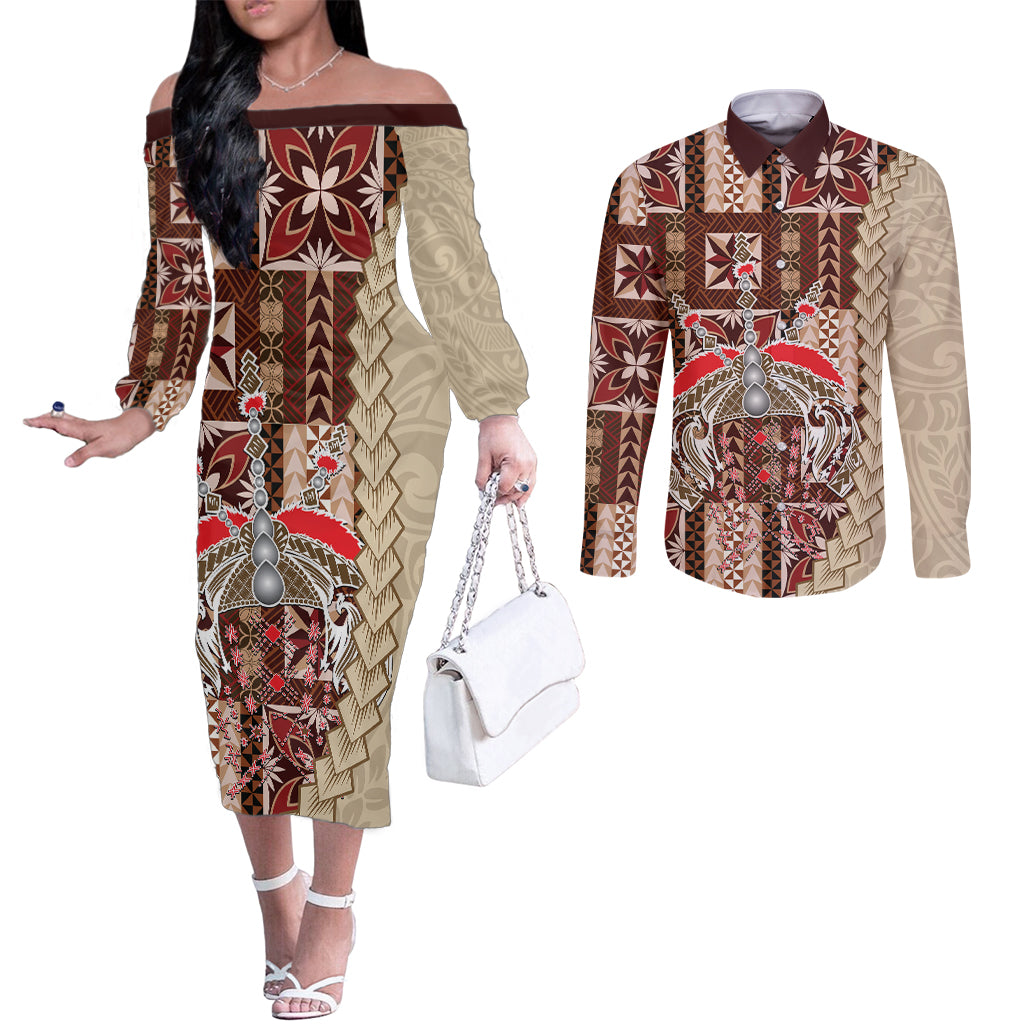 Samoa Tapau Couples Matching Off The Shoulder Long Sleeve Dress and Long Sleeve Button Shirt Samoan Siapo Pattern LT14 Brown - Polynesian Pride