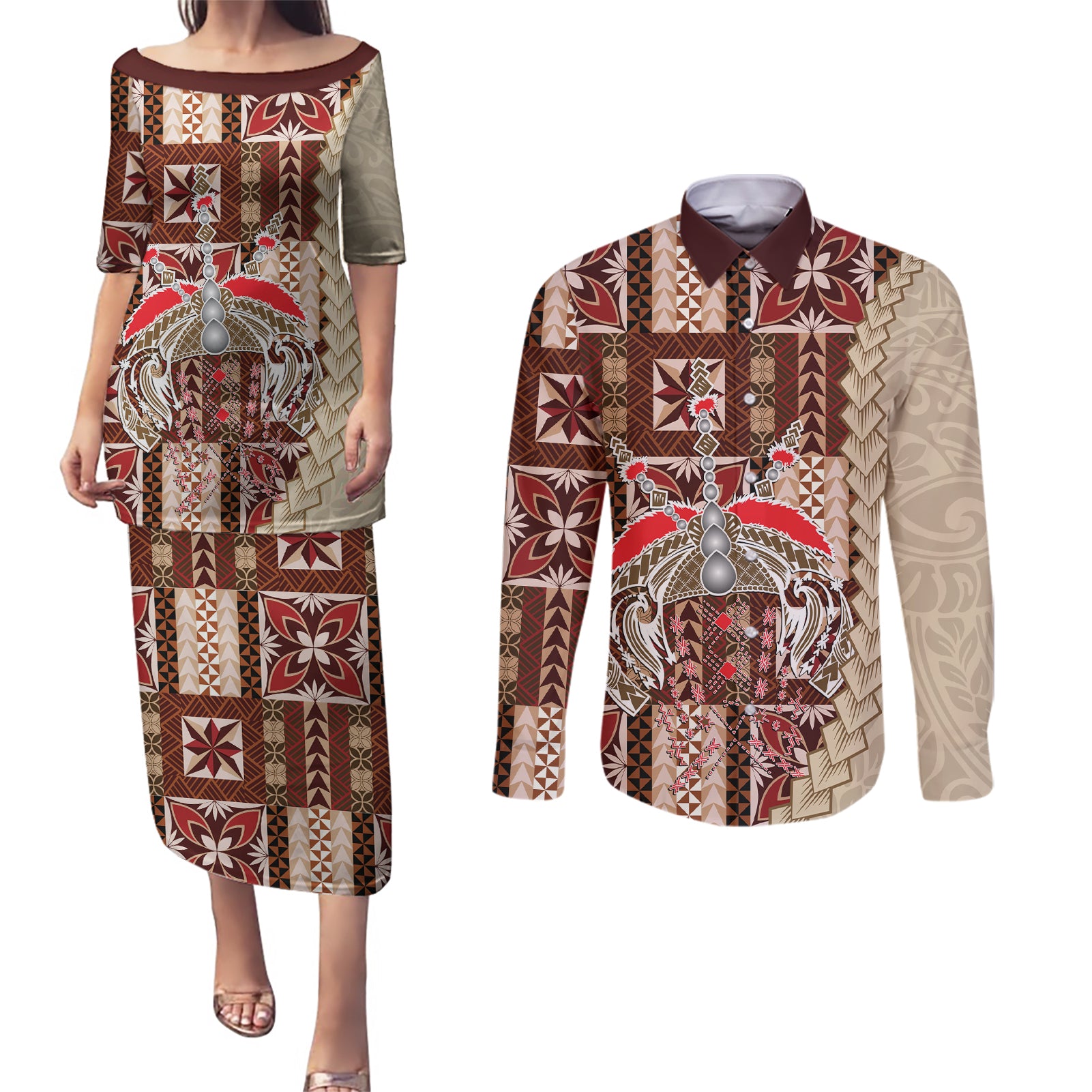 Samoa Tapau Couples Matching Puletasi Dress and Long Sleeve Button Shirt Samoan Siapo Pattern LT14 Brown - Polynesian Pride