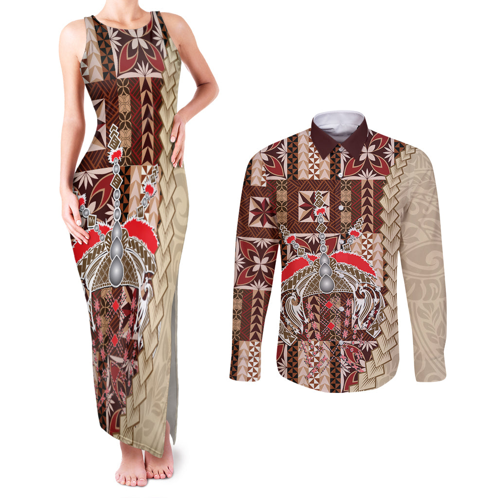 Samoa Tapau Couples Matching Tank Maxi Dress and Long Sleeve Button Shirt Samoan Siapo Pattern LT14 Brown - Polynesian Pride