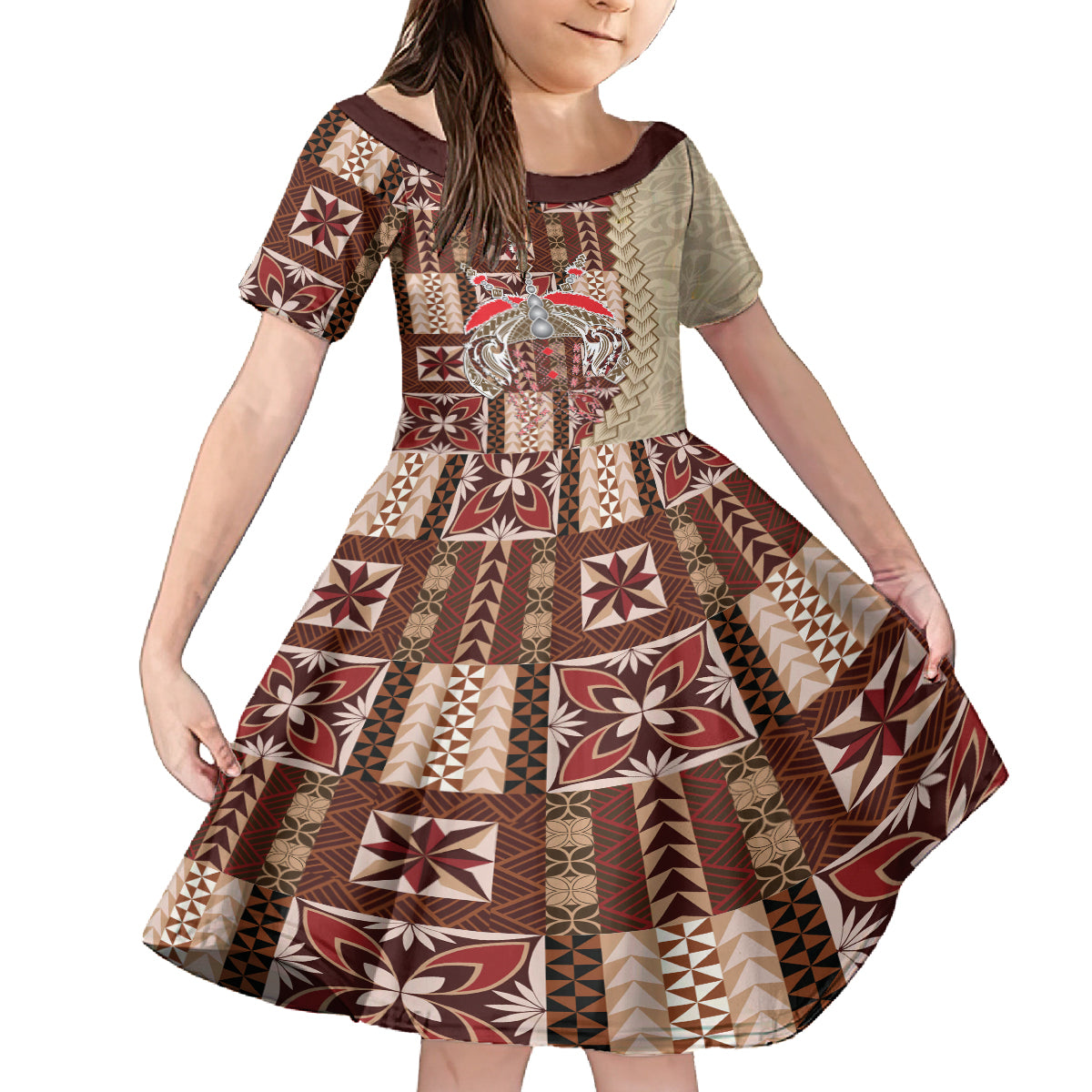 Samoa Tapau Family Matching Off Shoulder Short Dress and Hawaiian Shirt Samoan Siapo Pattern LT14 Daughter's Dress Brown - Polynesian Pride