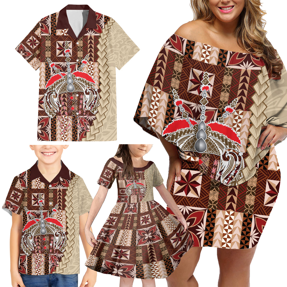 Samoa Tapau Family Matching Off Shoulder Short Dress and Hawaiian Shirt Samoan Siapo Pattern LT14 - Polynesian Pride