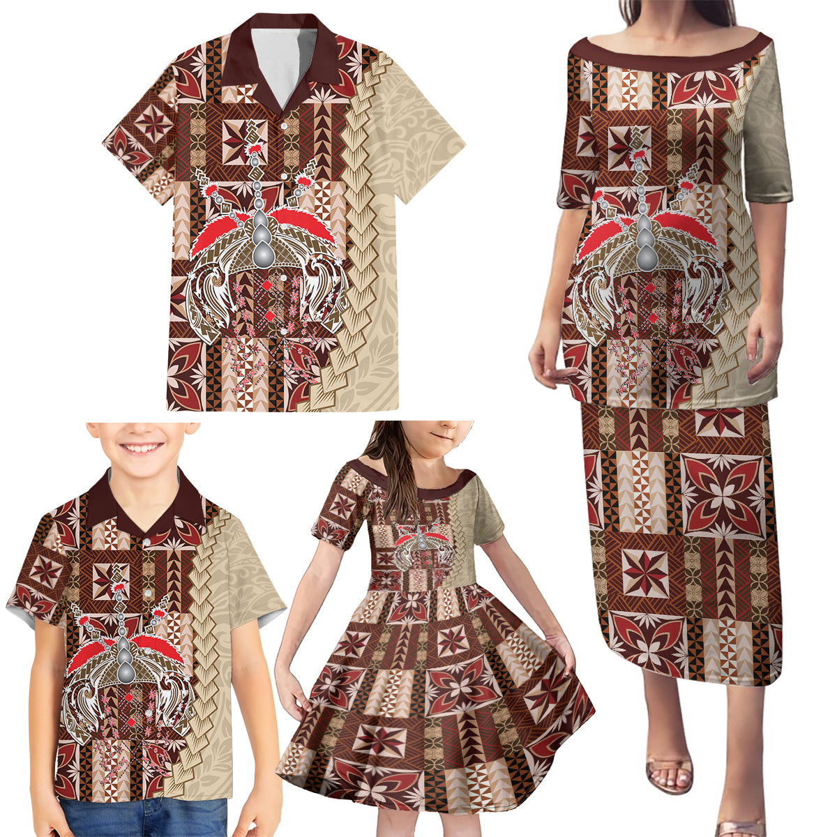 Samoa Tapau Family Matching Puletasi Dress and Hawaiian Shirt Samoan Siapo Pattern LT14 - Polynesian Pride