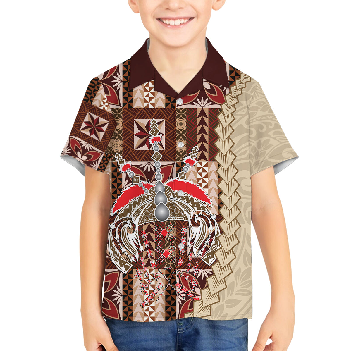 Samoa Tapau Family Matching Tank Maxi Dress and Hawaiian Shirt Samoan Siapo Pattern LT14 Son's Shirt Brown - Polynesian Pride