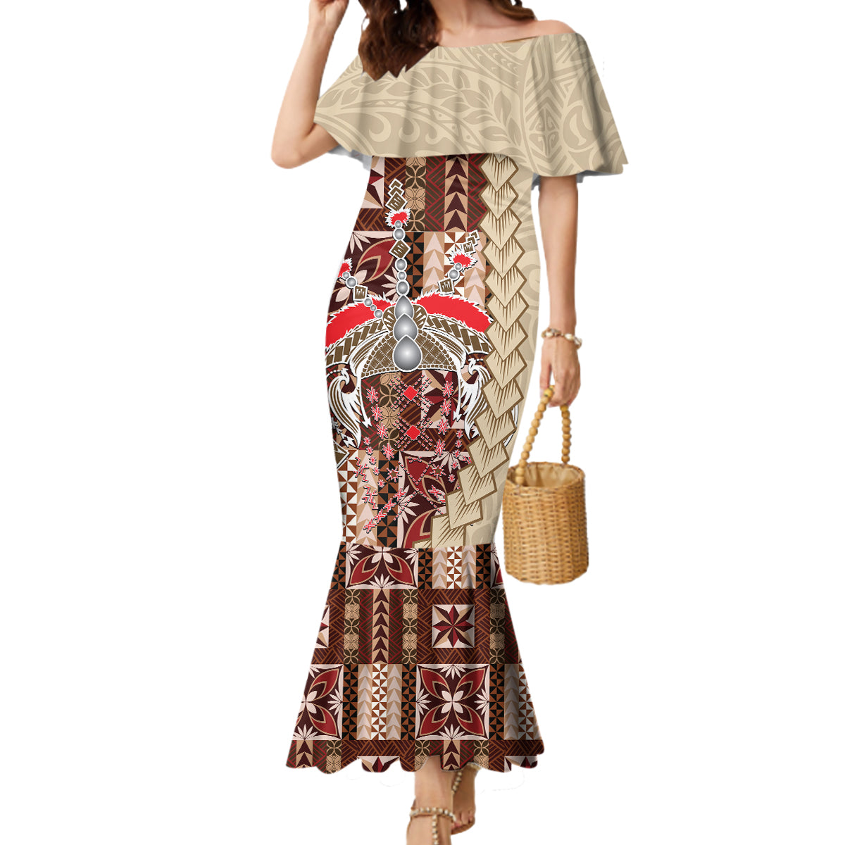 Samoa Tapau Mermaid Dress Samoan Siapo Pattern LT14 Women Brown - Polynesian Pride