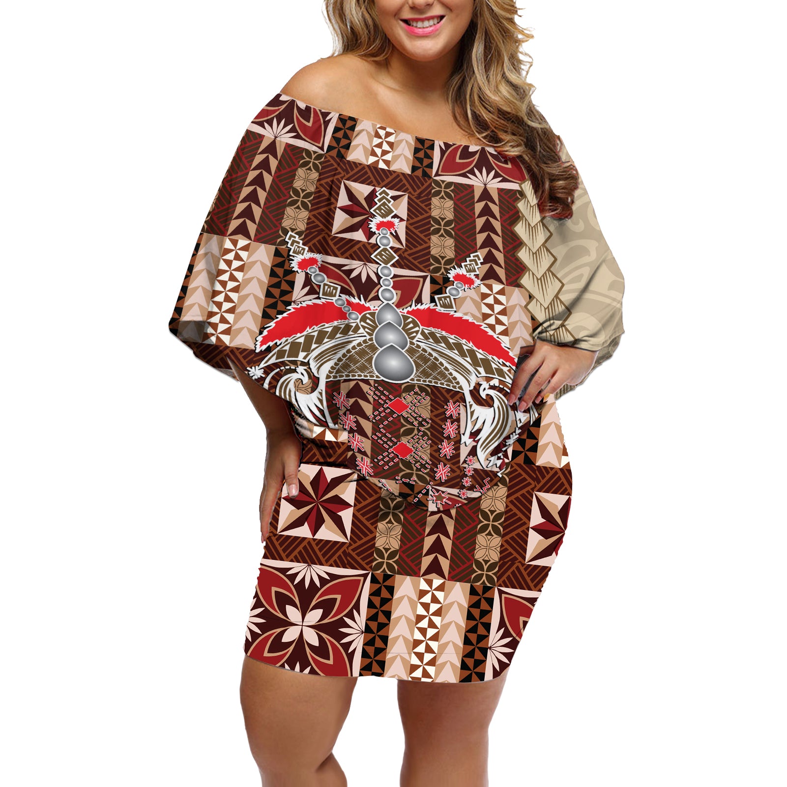 Samoa Tapau Off Shoulder Short Dress Samoan Siapo Pattern LT14 Women Brown - Polynesian Pride