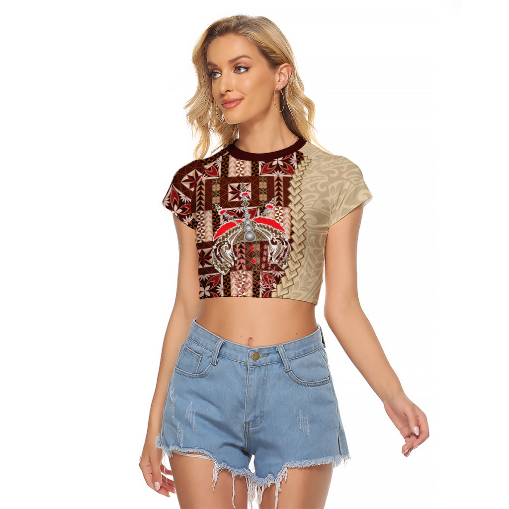 Samoa Tapau Raglan Cropped T Shirt Samoan Siapo Pattern LT14 Female Brown - Polynesian Pride