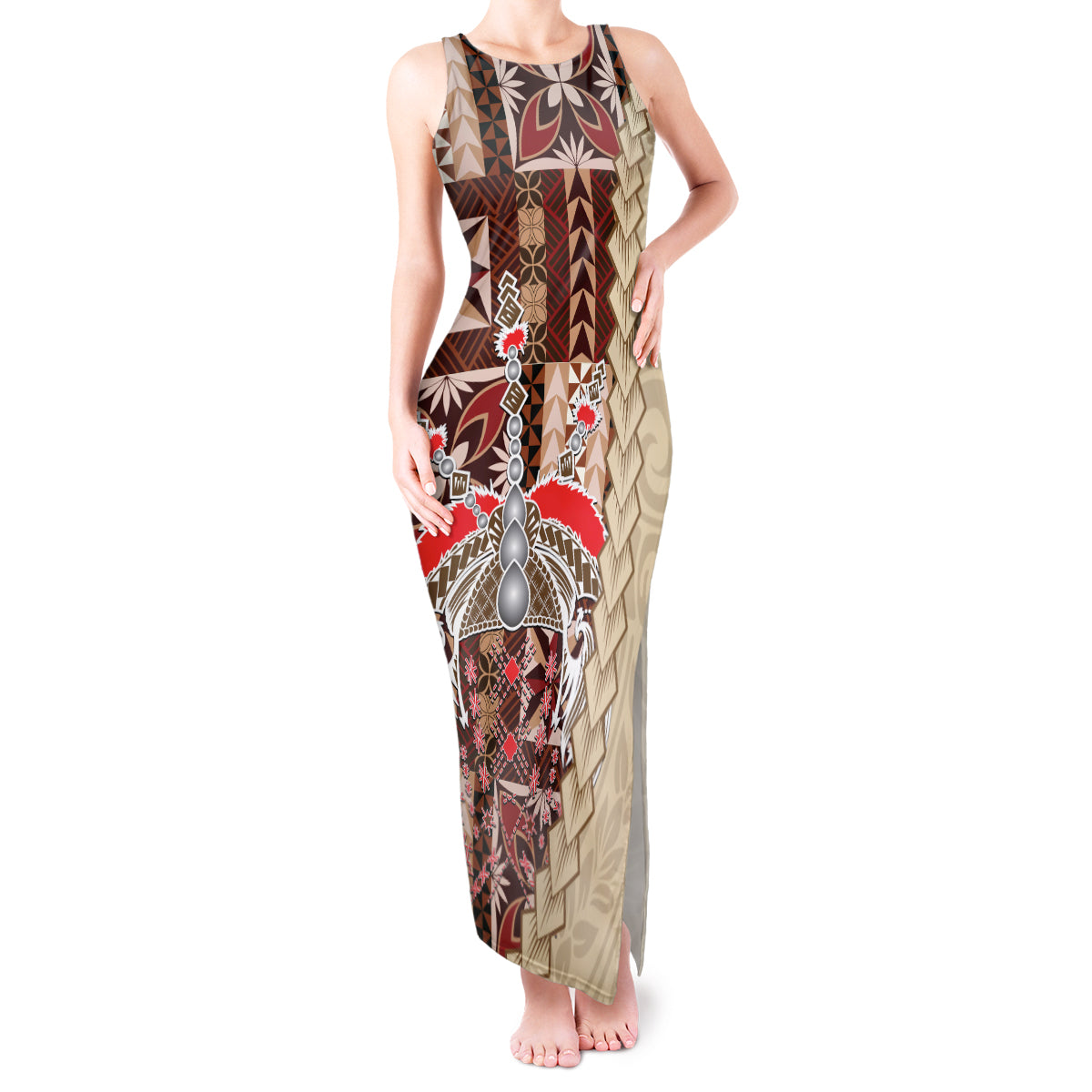 Samoa Tapau Tank Maxi Dress Samoan Siapo Pattern LT14 Women Brown - Polynesian Pride