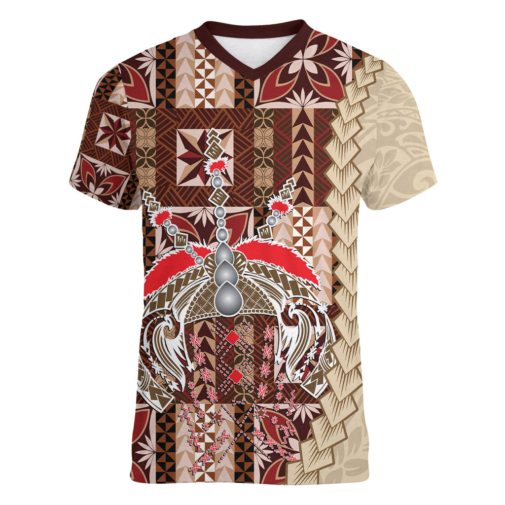 Samoa Tapau Women V Neck T Shirt Samoan Siapo Pattern LT14 Female Brown - Polynesian Pride