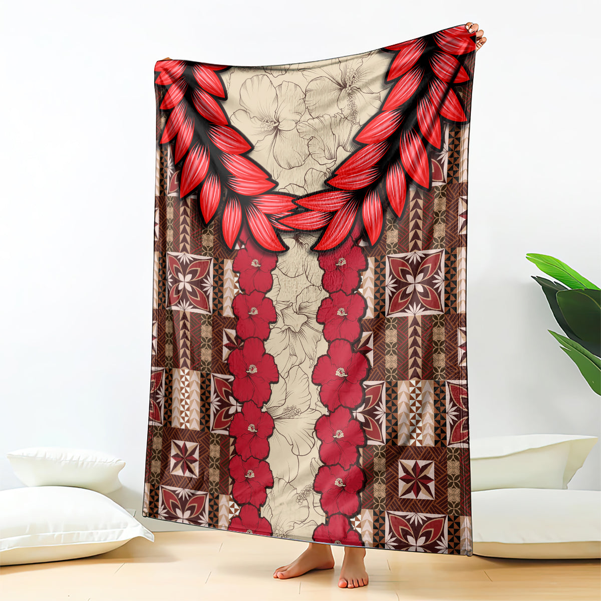 Samoa Siapo Blanket Tapa Pattern Mix Ula Fala Hibiscus LT14 Brown - Polynesian Pride