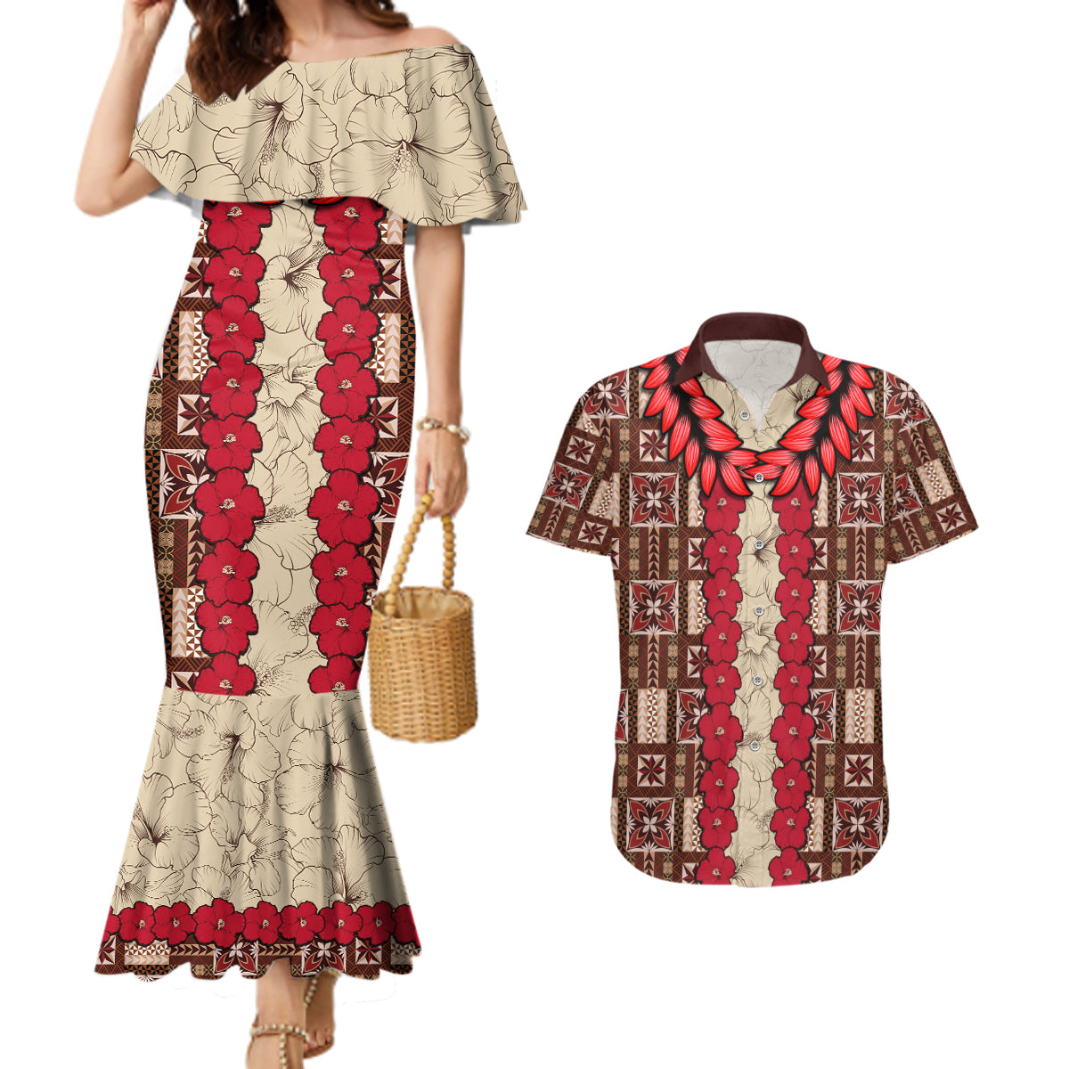 Samoa Siapo Couples Matching Mermaid Dress and Hawaiian Shirt Tapa Pattern Mix Ula Fala Hibiscus LT14 Brown - Polynesian Pride