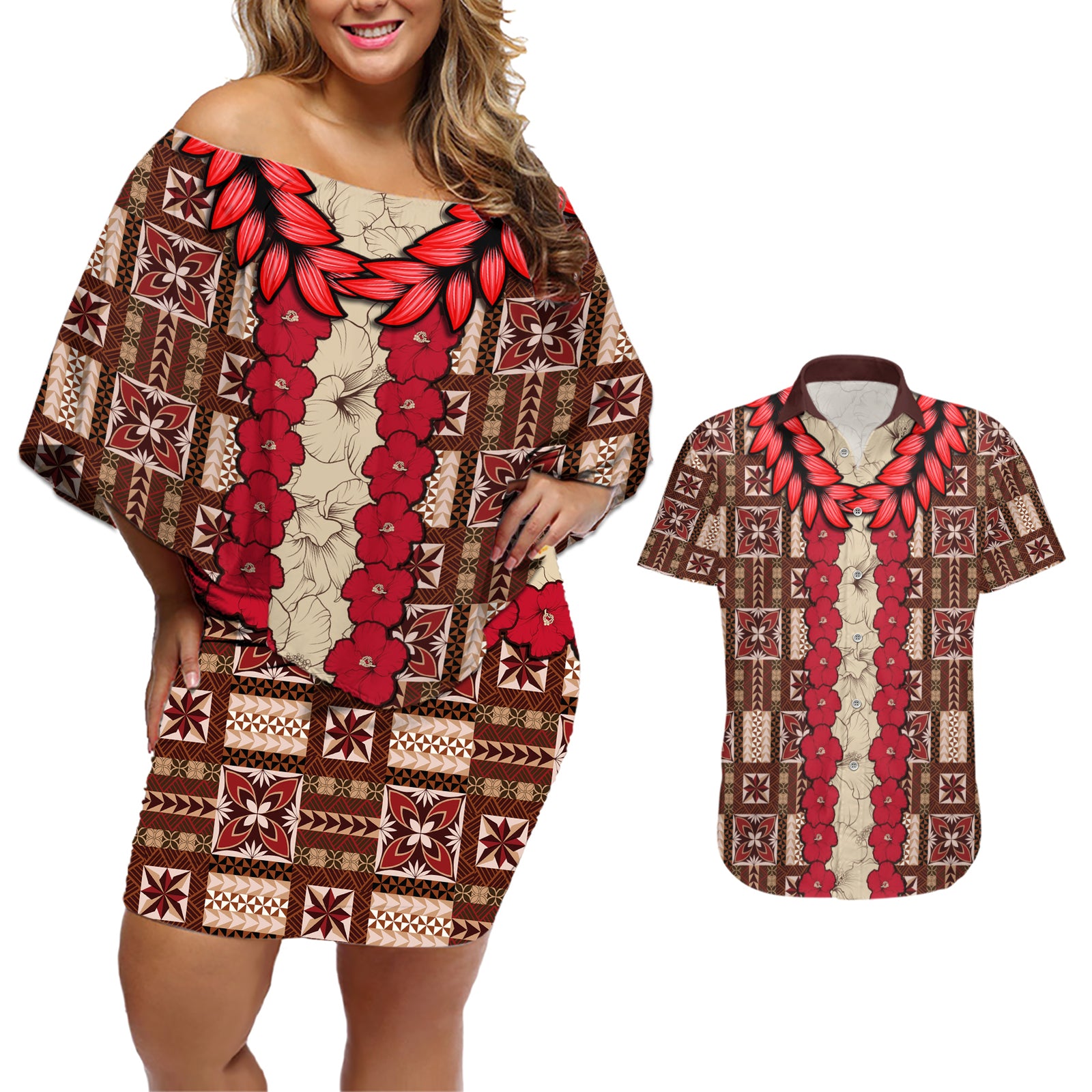 Samoa Siapo Couples Matching Off Shoulder Short Dress and Hawaiian Shirt Tapa Pattern Mix Ula Fala Hibiscus LT14 Brown - Polynesian Pride