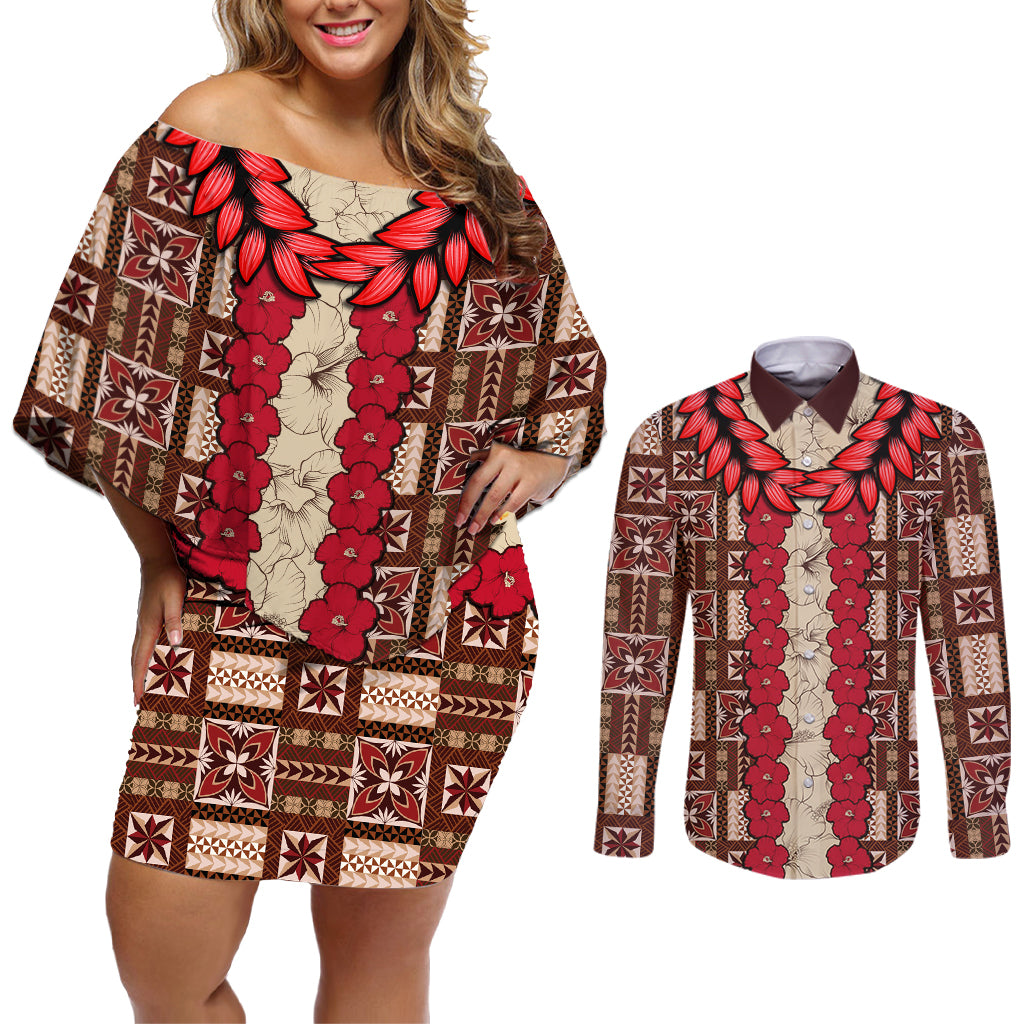 Samoa Siapo Couples Matching Off Shoulder Short Dress and Long Sleeve Button Shirt Tapa Pattern Mix Ula Fala Hibiscus LT14 Brown - Polynesian Pride