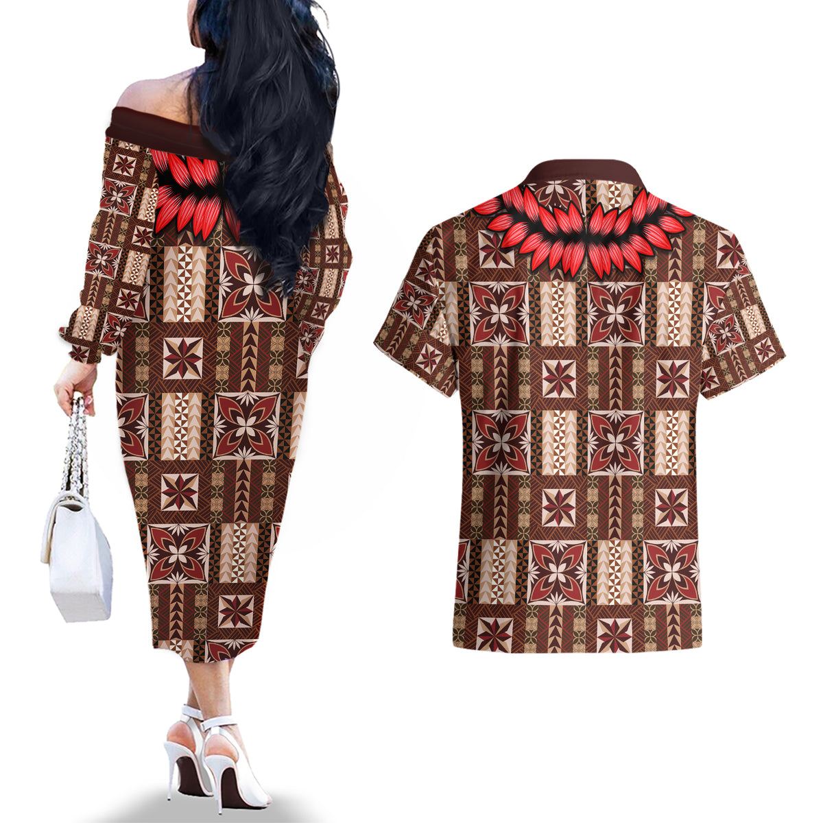 Samoa Siapo Couples Matching Off The Shoulder Long Sleeve Dress and Hawaiian Shirt Tapa Pattern Mix Ula Fala Hibiscus LT14 - Polynesian Pride