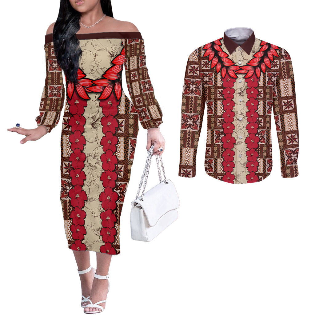 Samoa Siapo Couples Matching Off The Shoulder Long Sleeve Dress and Long Sleeve Button Shirt Tapa Pattern Mix Ula Fala Hibiscus LT14 Brown - Polynesian Pride