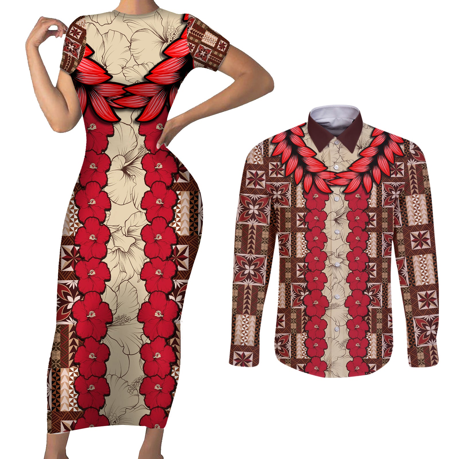 Samoa Siapo Couples Matching Short Sleeve Bodycon Dress and Long Sleeve Button Shirt Tapa Pattern Mix Ula Fala Hibiscus LT14 Brown - Polynesian Pride