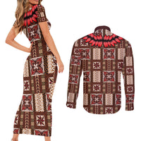 Samoa Siapo Couples Matching Short Sleeve Bodycon Dress and Long Sleeve Button Shirt Tapa Pattern Mix Ula Fala Hibiscus LT14 - Polynesian Pride