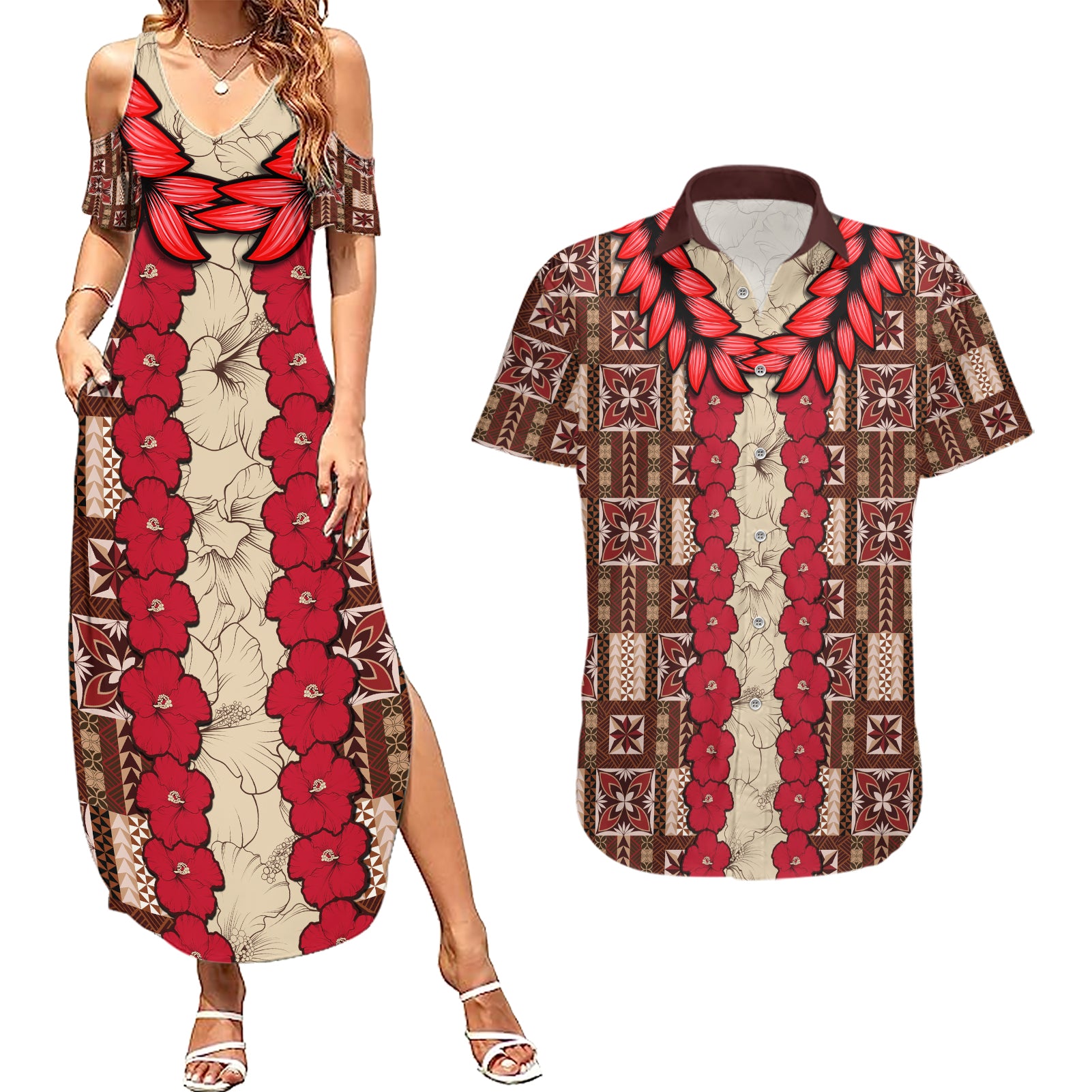 Samoa Siapo Couples Matching Summer Maxi Dress and Hawaiian Shirt Tapa Pattern Mix Ula Fala Hibiscus LT14 Brown - Polynesian Pride
