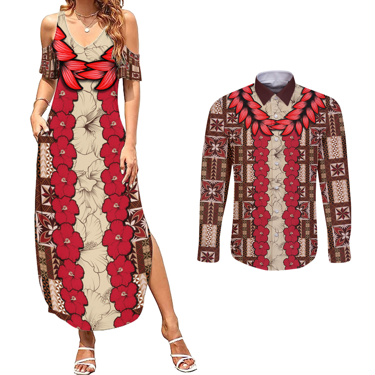 Samoa Siapo Couples Matching Summer Maxi Dress and Long Sleeve Button Shirt Tapa Pattern Mix Ula Fala Hibiscus LT14 Brown - Polynesian Pride