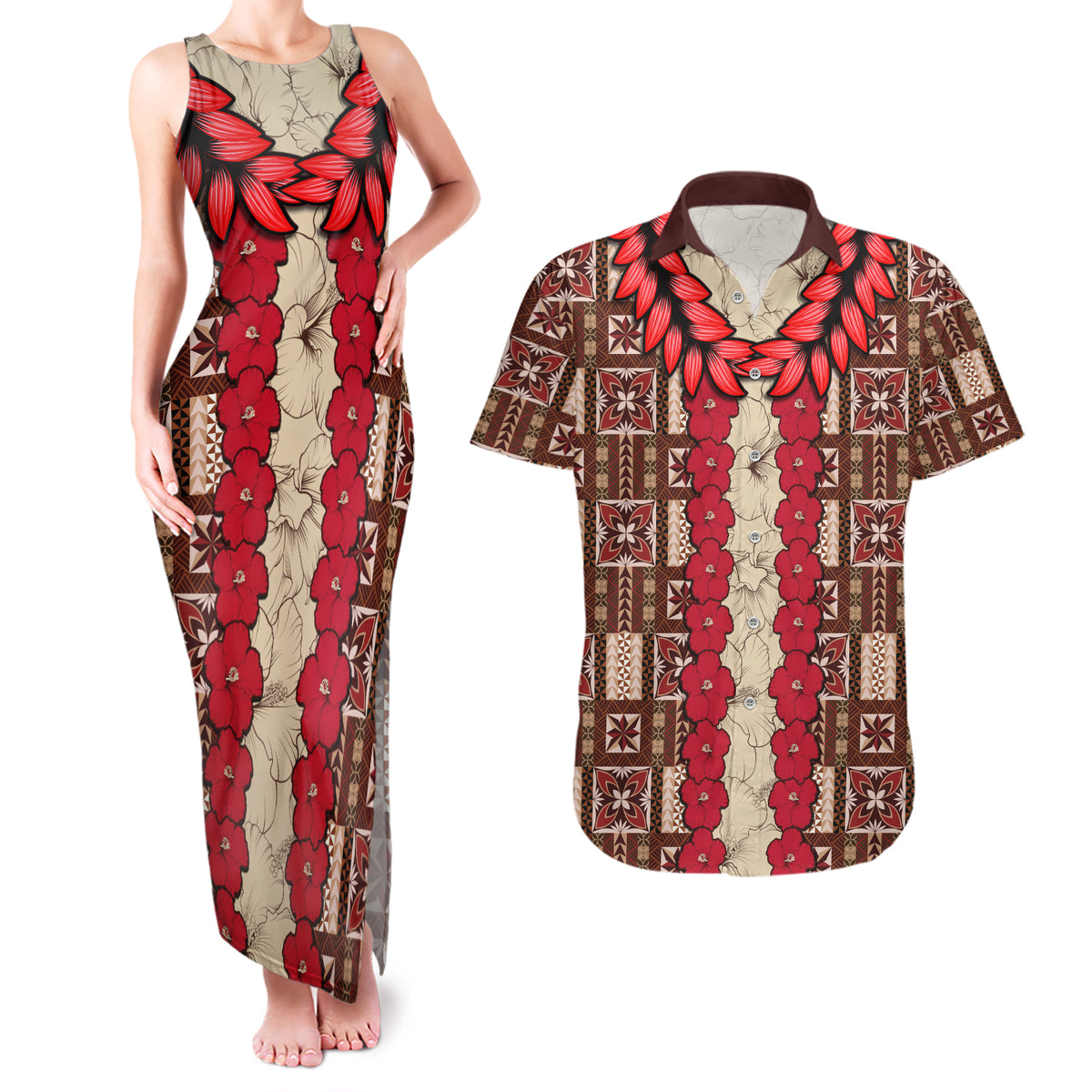 Samoa Siapo Couples Matching Tank Maxi Dress and Hawaiian Shirt Tapa Pattern Mix Ula Fala Hibiscus LT14 Brown - Polynesian Pride