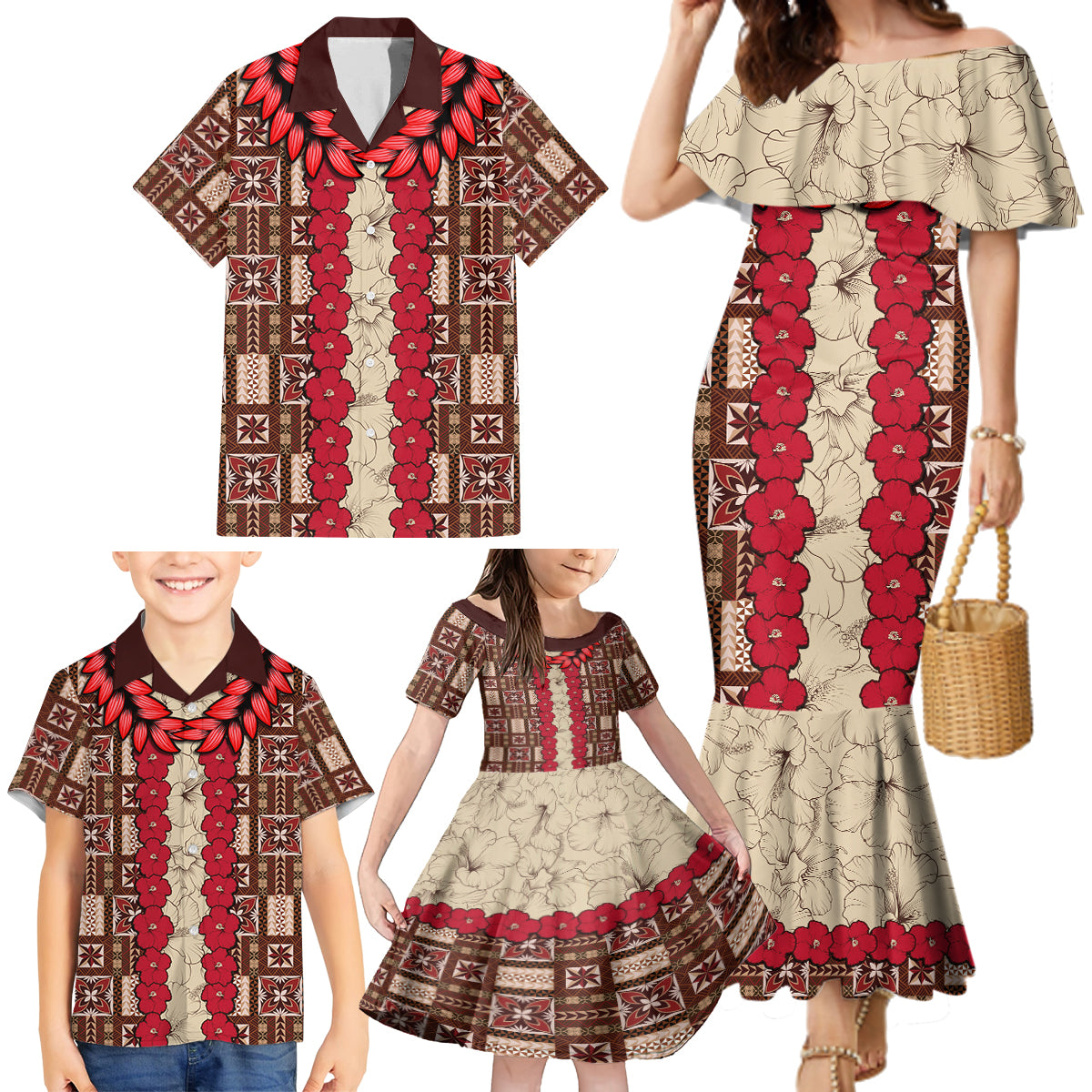 Samoa Siapo Family Matching Mermaid Dress and Hawaiian Shirt Tapa Pattern Mix Ula Fala Hibiscus LT14 - Polynesian Pride