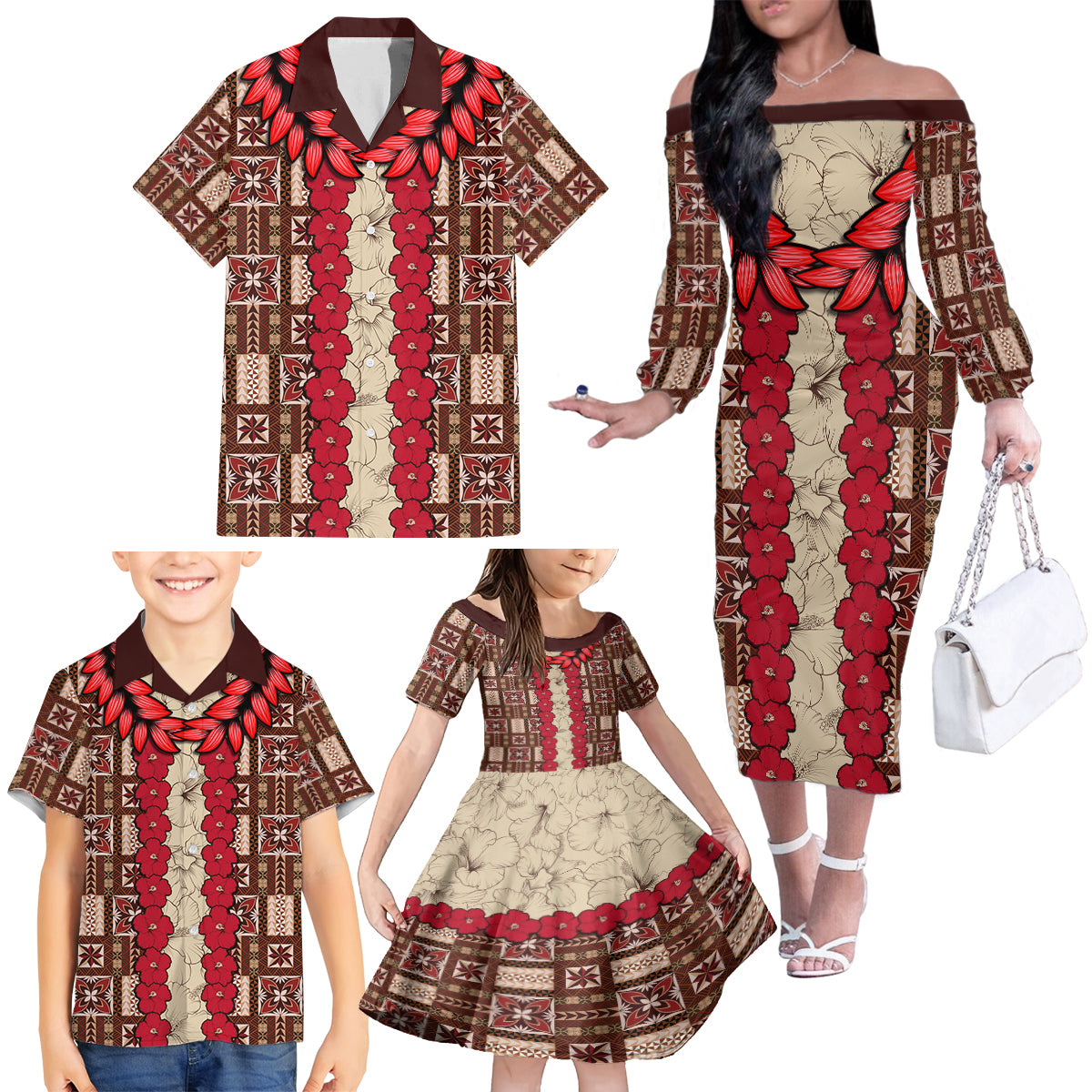 Samoa Siapo Family Matching Off Shoulder Long Sleeve Dress and Hawaiian Shirt Tapa Pattern Mix Ula Fala Hibiscus LT14 - Polynesian Pride