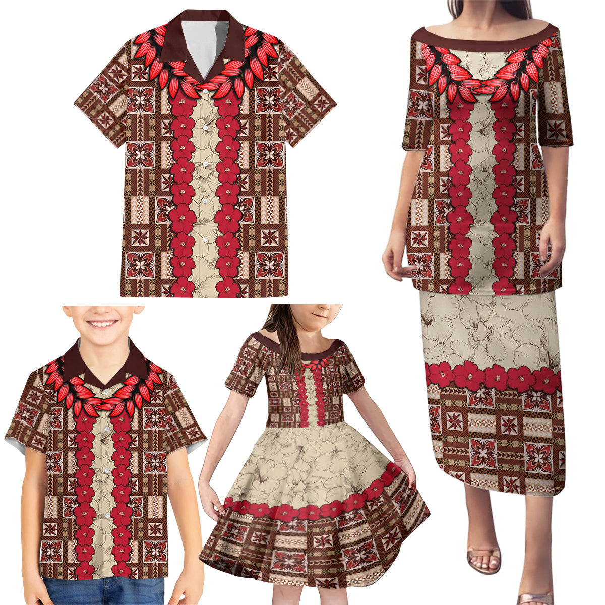 Samoa Siapo Family Matching Puletasi Dress and Hawaiian Shirt Tapa Pattern Mix Ula Fala Hibiscus LT14 - Polynesian Pride