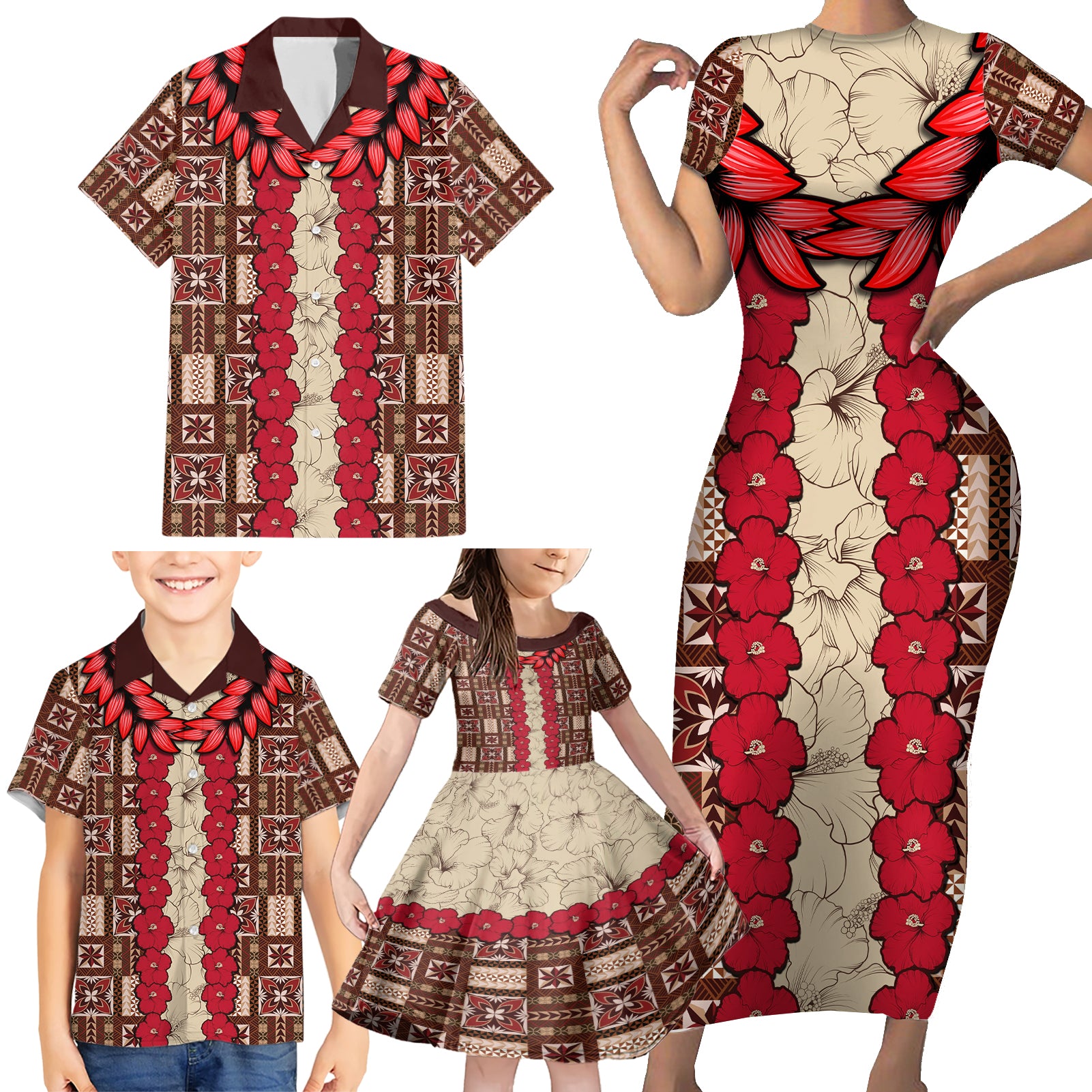 Samoa Siapo Family Matching Short Sleeve Bodycon Dress and Hawaiian Shirt Tapa Pattern Mix Ula Fala Hibiscus LT14 - Polynesian Pride