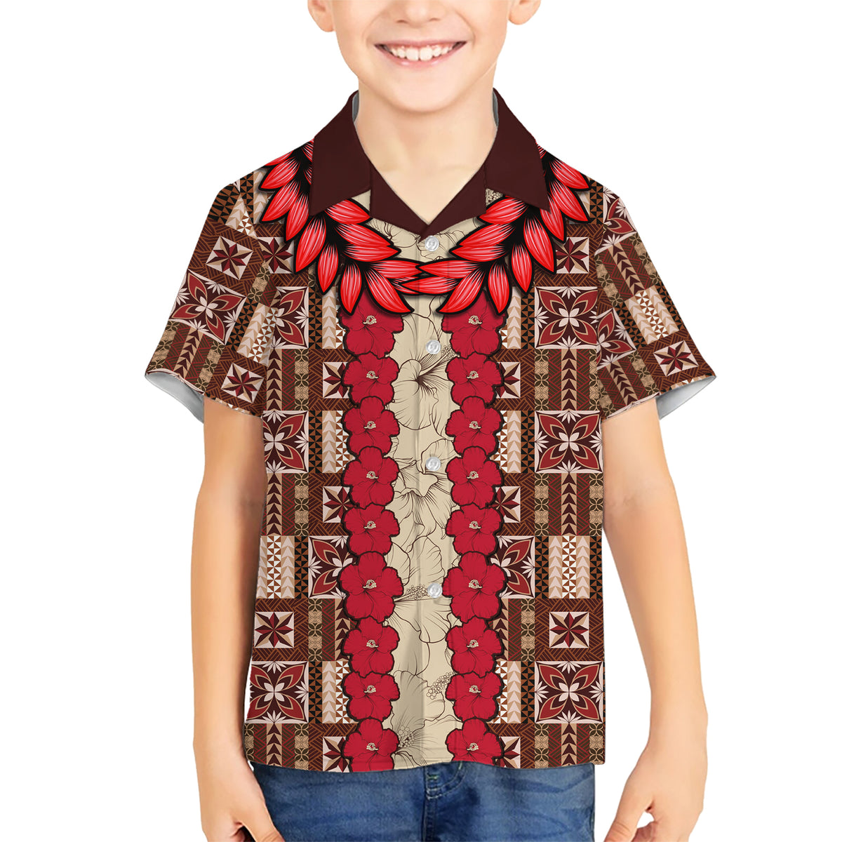 Samoa Siapo Family Matching Short Sleeve Bodycon Dress and Hawaiian Shirt Tapa Pattern Mix Ula Fala Hibiscus LT14 Son's Shirt Brown - Polynesian Pride