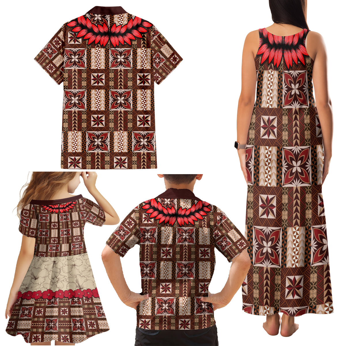 Samoa Siapo Family Matching Tank Maxi Dress and Hawaiian Shirt Tapa Pattern Mix Ula Fala Hibiscus LT14 - Polynesian Pride