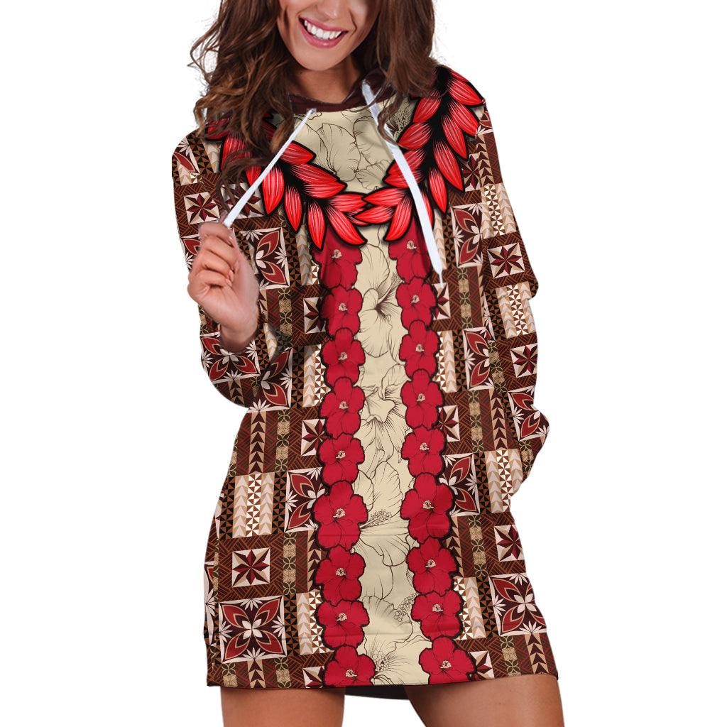 Samoa Siapo Hoodie Dress Tapa Pattern Mix Ula Fala Hibiscus LT14 Brown - Polynesian Pride