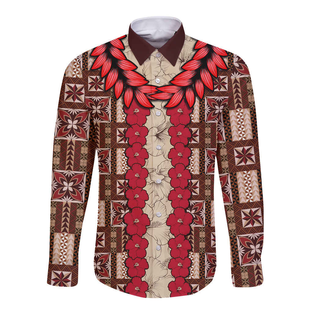 Samoa Siapo Long Sleeve Button Shirt Tapa Pattern Mix Ula Fala Hibiscus LT14 Unisex Brown - Polynesian Pride