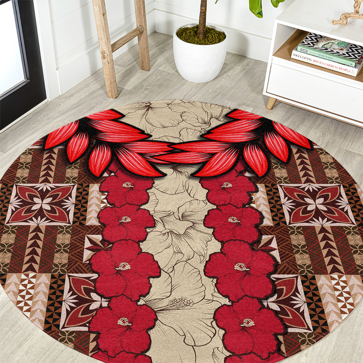 Samoa Siapo Round Carpet Tapa Pattern Mix Ula Fala Hibiscus LT14 Brown - Polynesian Pride