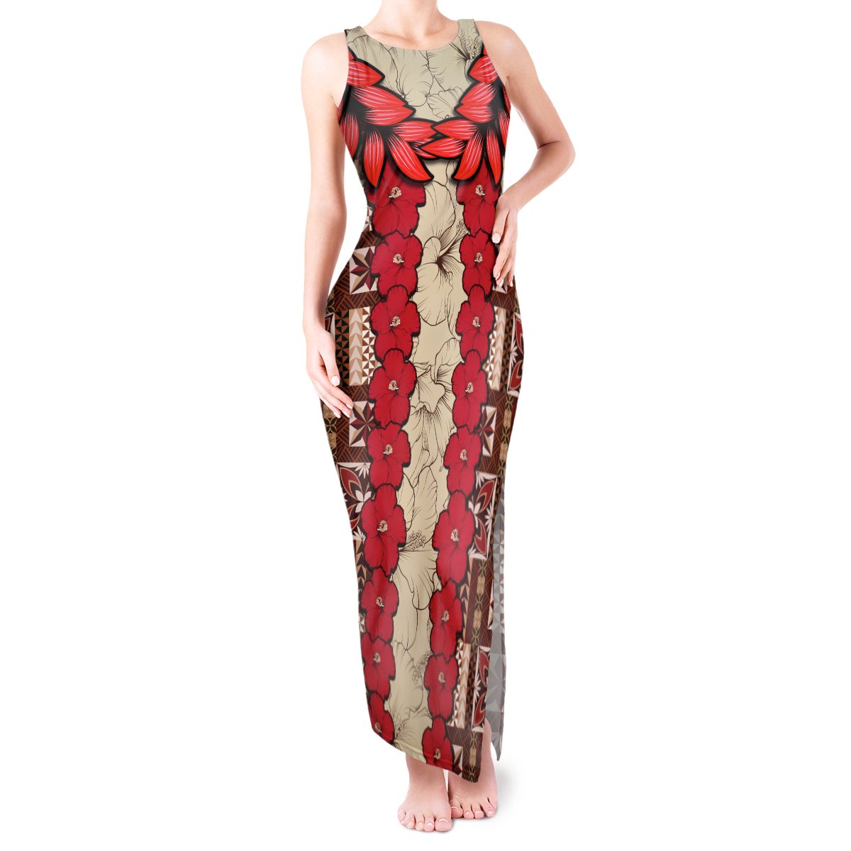 Samoa Siapo Tank Maxi Dress Tapa Pattern Mix Ula Fala Hibiscus LT14 Women Brown - Polynesian Pride
