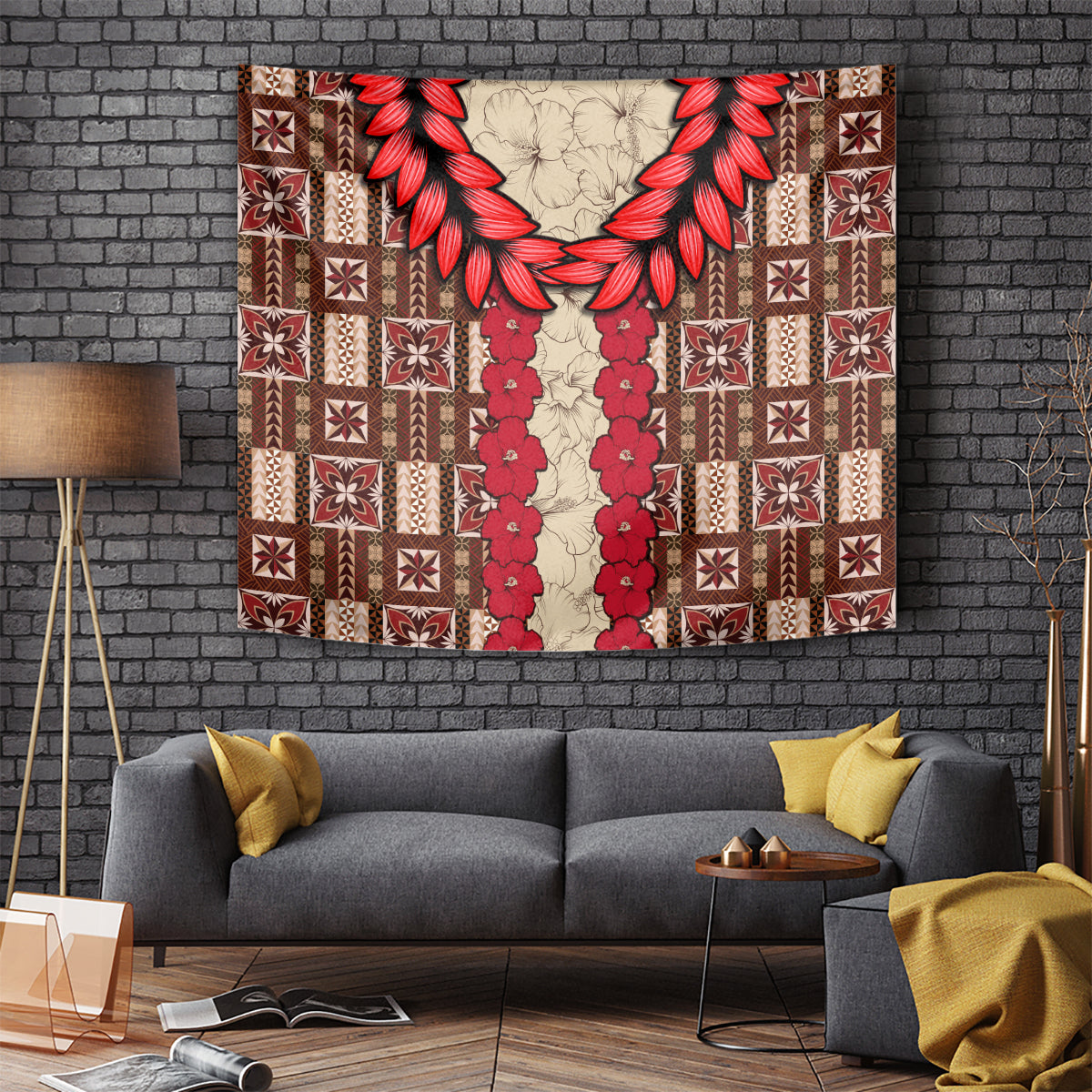 Samoa Siapo Tapestry Tapa Pattern Mix Ula Fala Hibiscus LT14 Brown - Polynesian Pride