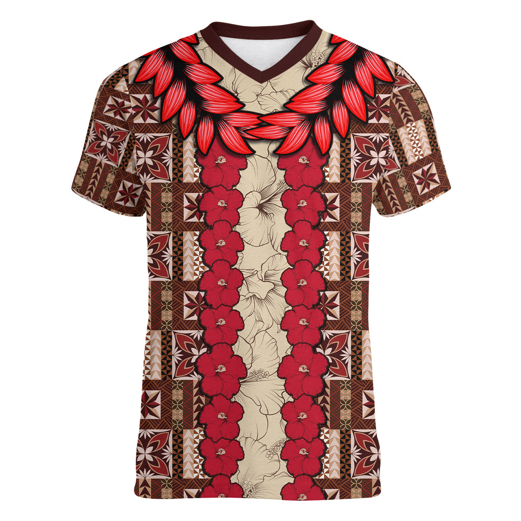 Samoa Siapo Women V Neck T Shirt Tapa Pattern Mix Ula Fala Hibiscus LT14 Female Brown - Polynesian Pride