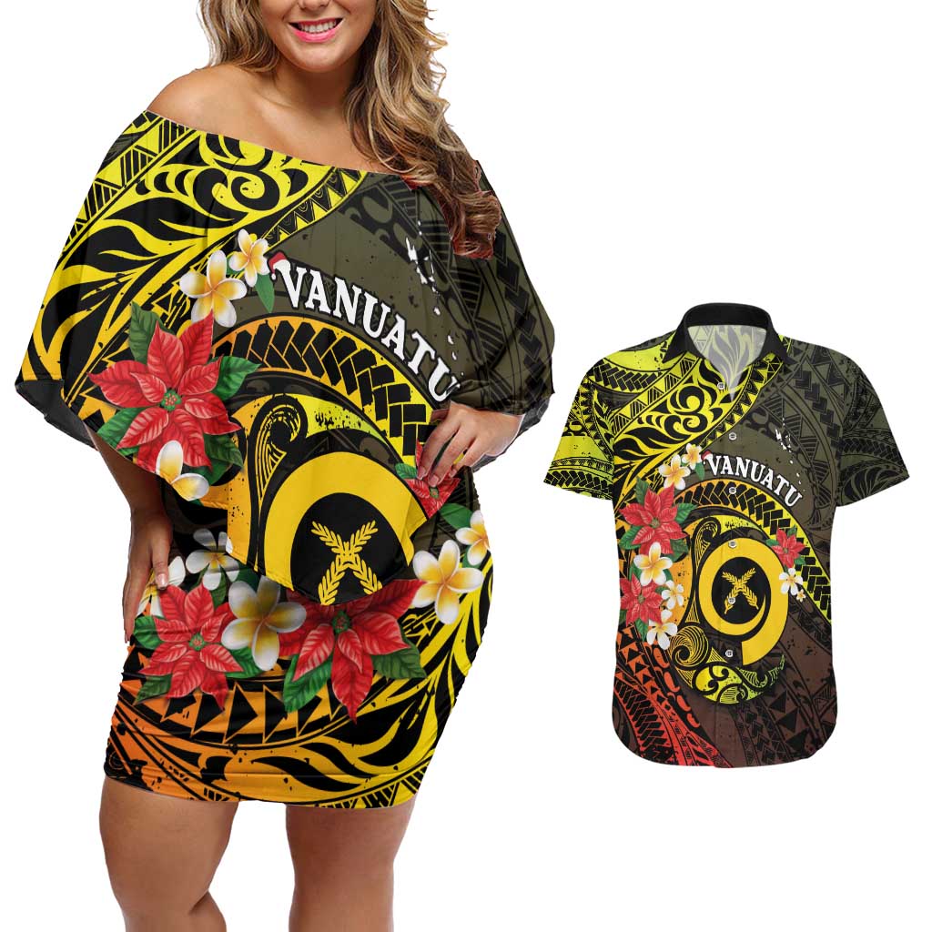 Vanuatu Christmas Couples Matching Off Shoulder Short Dress and Hawaiian Shirt Vanuatuan Pig Tusk - Meri Krismas!