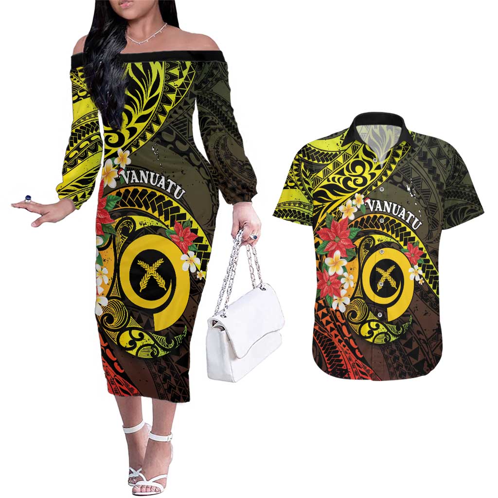 Vanuatu Christmas Couples Matching Off The Shoulder Long Sleeve Dress and Hawaiian Shirt Vanuatuan Pig Tusk - Meri Krismas! LT14 Black - Polynesian Pride