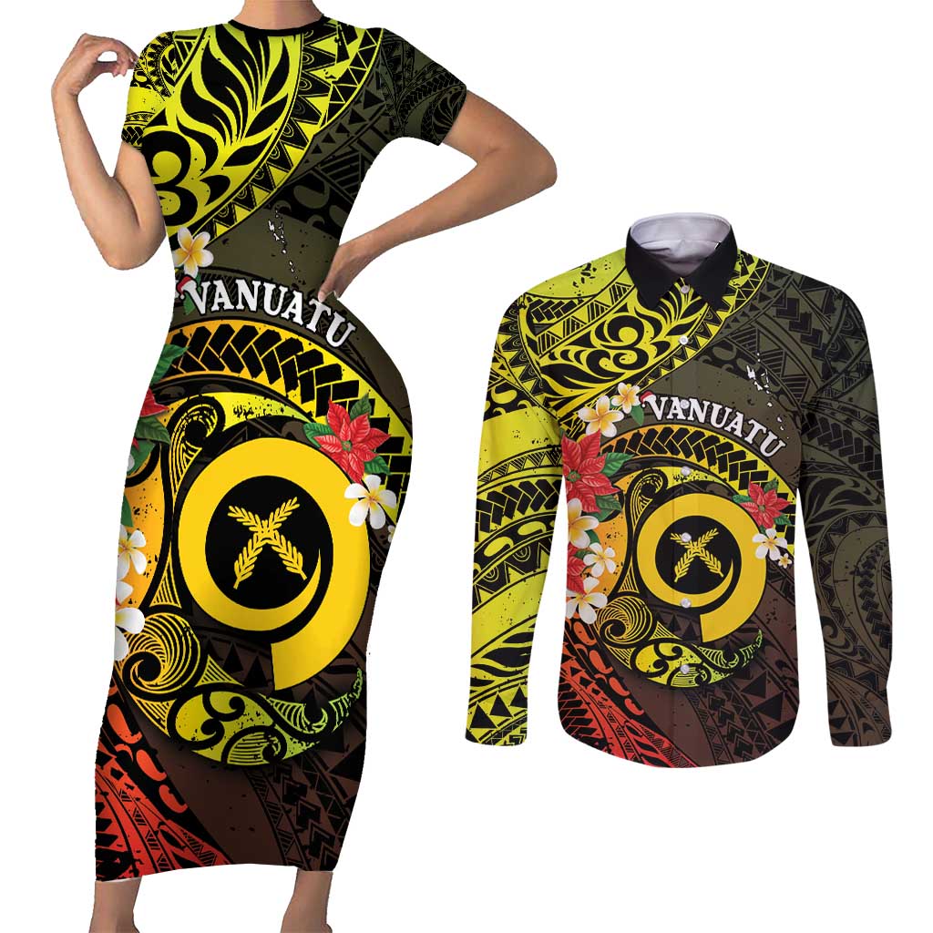 Vanuatu Christmas Couples Matching Short Sleeve Bodycon Dress and Long Sleeve Button Shirt Vanuatuan Pig Tusk - Meri Krismas! LT14 Black - Polynesian Pride