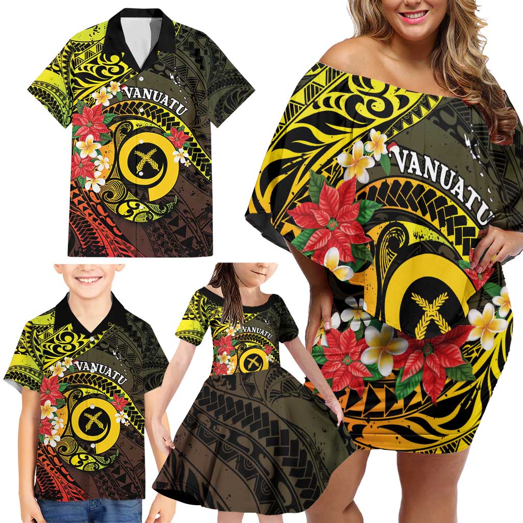 Vanuatu Christmas Family Matching Off Shoulder Short Dress and Hawaiian Shirt Vanuatuan Pig Tusk - Meri Krismas!